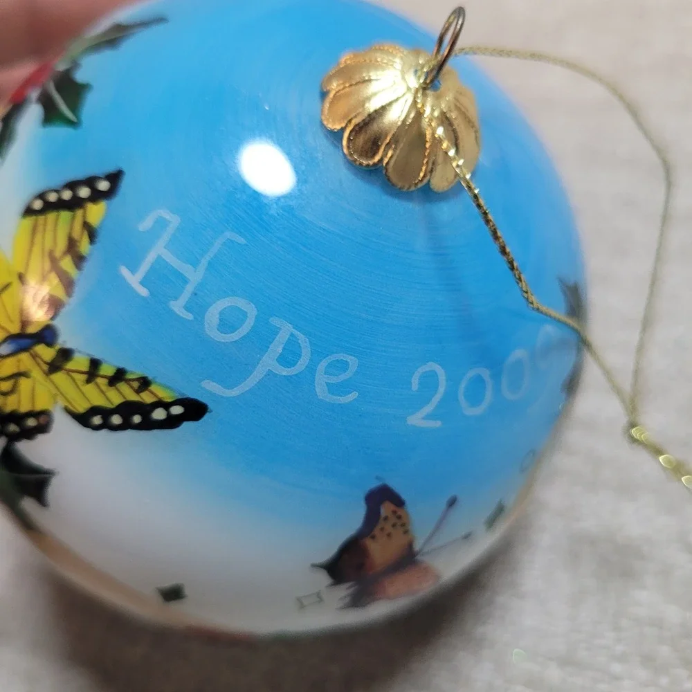 Li Bien Christmas Ornament Hope 2009 Hand Painted Glass Butterfly Holly Blue